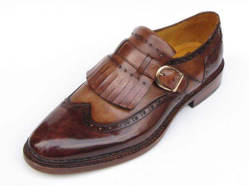 Paul Parkman (FREE Shipping) Men's Wingtip Monkstrap Brogues Brown Hand-Painted Leather Upper With Double Leather Sole (ID