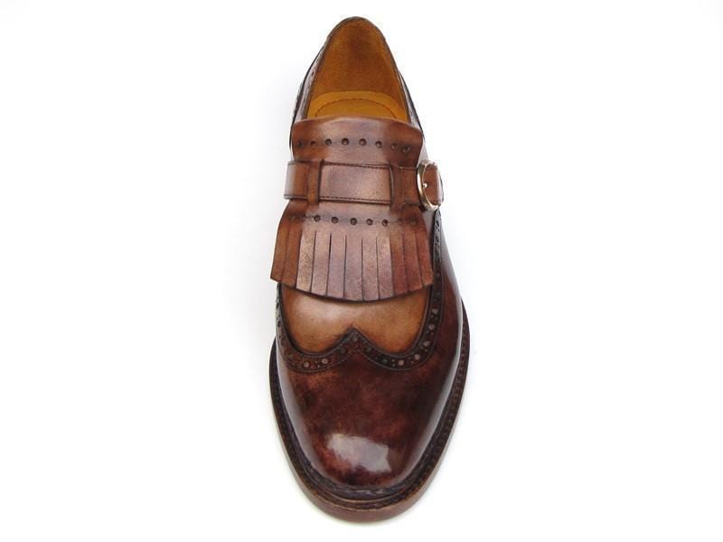 Paul Parkman (FREE Shipping) Men's Wingtip Monkstrap Brogues Brown Hand-Painted Leather Upper With Double Leather Sole (ID