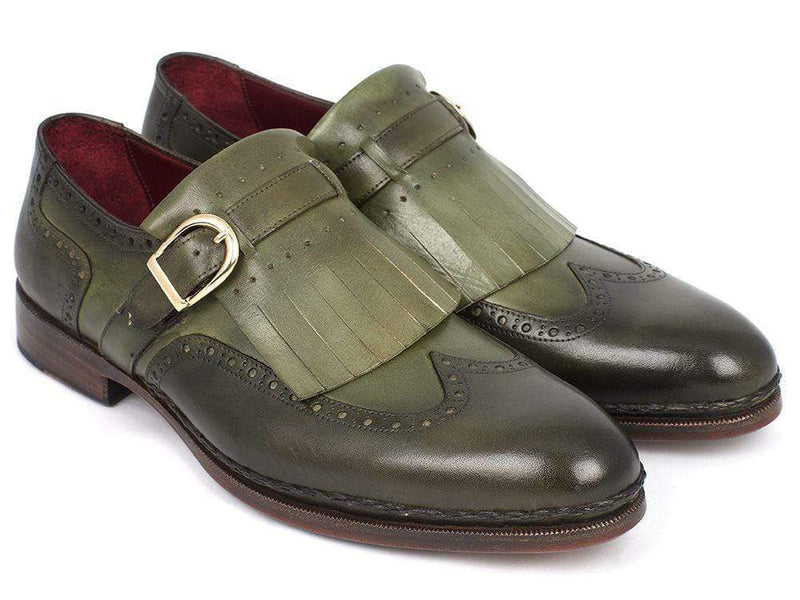 Paul Parkman (FREE Shipping) Men's Wingtip Monkstrap Brogues Green Hand-Painted Leather Upper With Double Leather Sole (ID