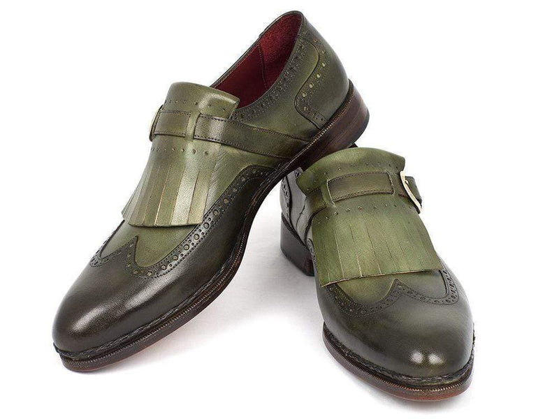 Paul Parkman (FREE Shipping) Men's Wingtip Monkstrap Brogues Green Hand-Painted Leather Upper With Double Leather Sole (ID
