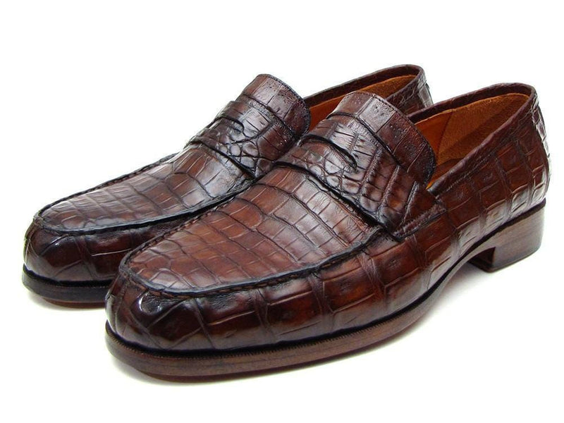 Paul Parkman (FREE Shipping) Men's Brown Genuine Crocodile Penny Loafers (ID