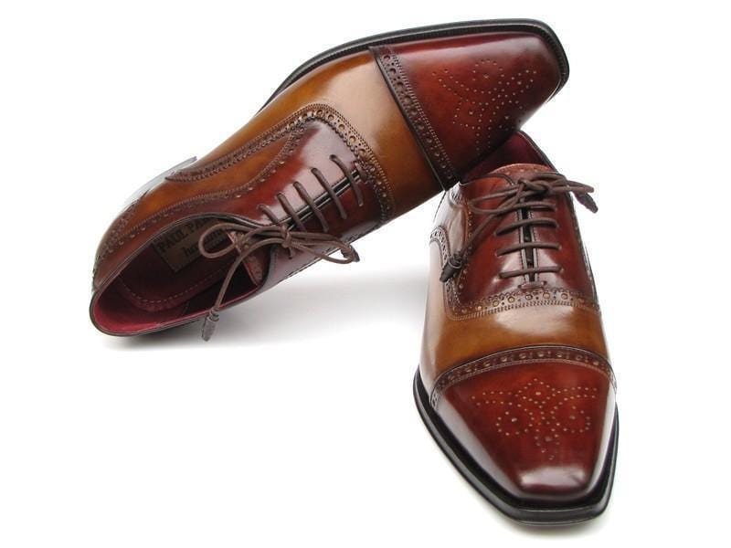 Paul Parkman (FREE Shipping) Men's Captoe Oxfords - Camel / Red Hand-Painted Leather Upper and Leather Sole (ID