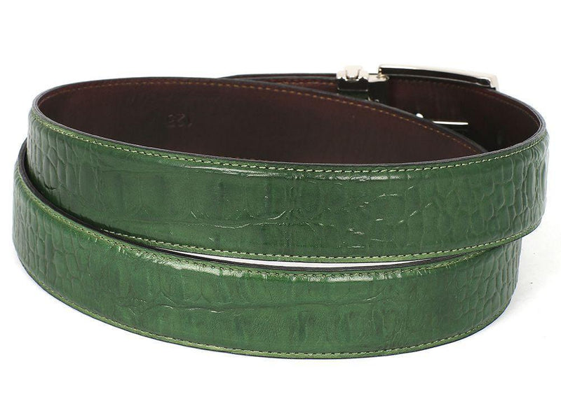 Paul Parkman (FREE Shipping) Men's Crocodile Embossed Calfskin Leather Belt Hand-Painted Green (ID