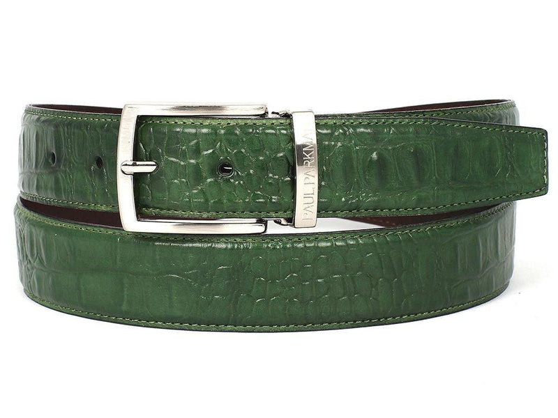 Paul Parkman (FREE Shipping) Men's Crocodile Embossed Calfskin Leather Belt Hand-Painted Green (ID