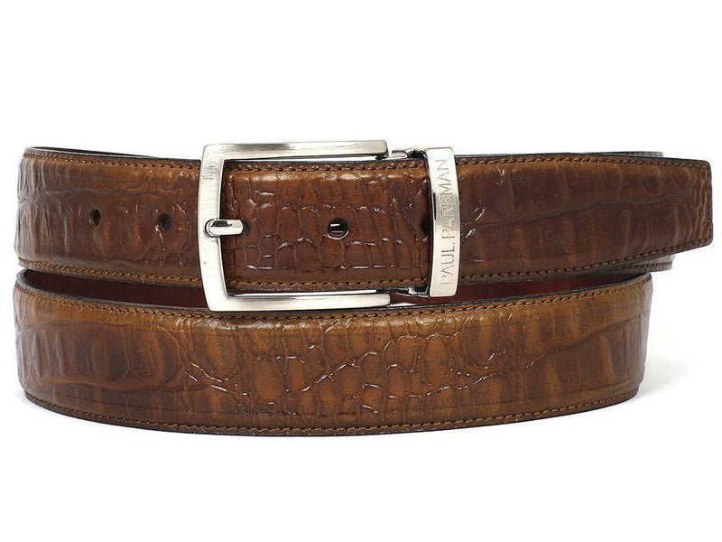 Paul Parkman (FREE Shipping) Men's Crocodile Embossed Calfskin Leather Belt Hand-Painted Olive (ID
