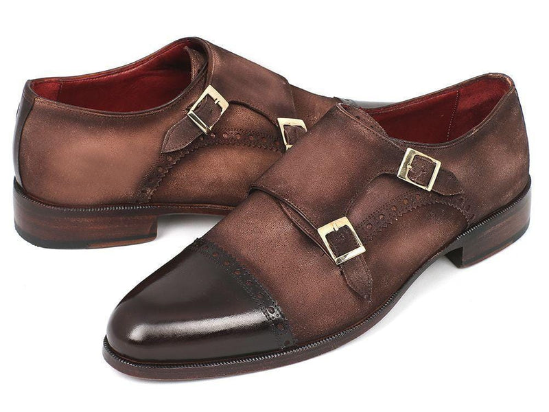 Paul Parkman (FREE Shipping) Men's Double Monkstrap Captoe Dress Shoes - Brown / Beige Suede Upper and Leather Sole (ID