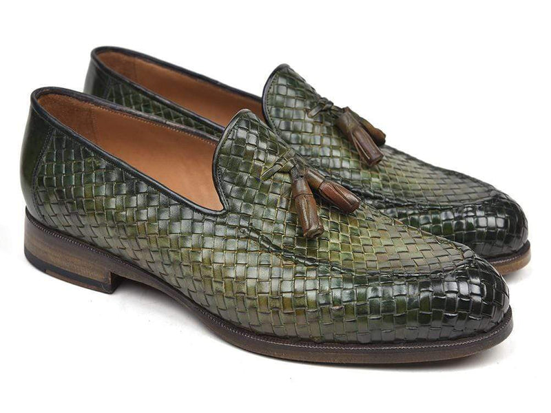 Paul Parkman (FREE Shipping) Woven Leather Tassel Loafers Green  (ID