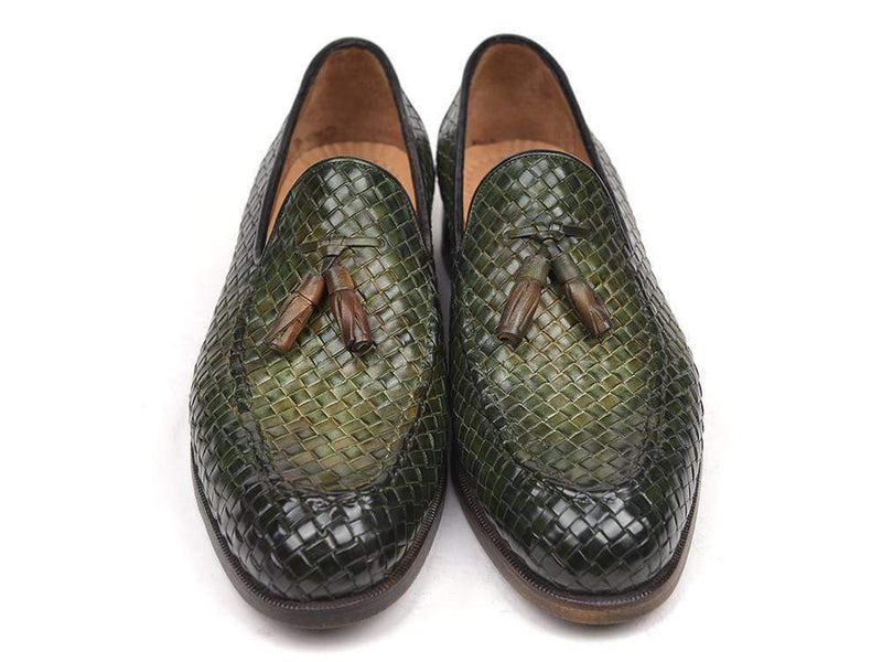 Paul Parkman (FREE Shipping) Woven Leather Tassel Loafers Green  (ID