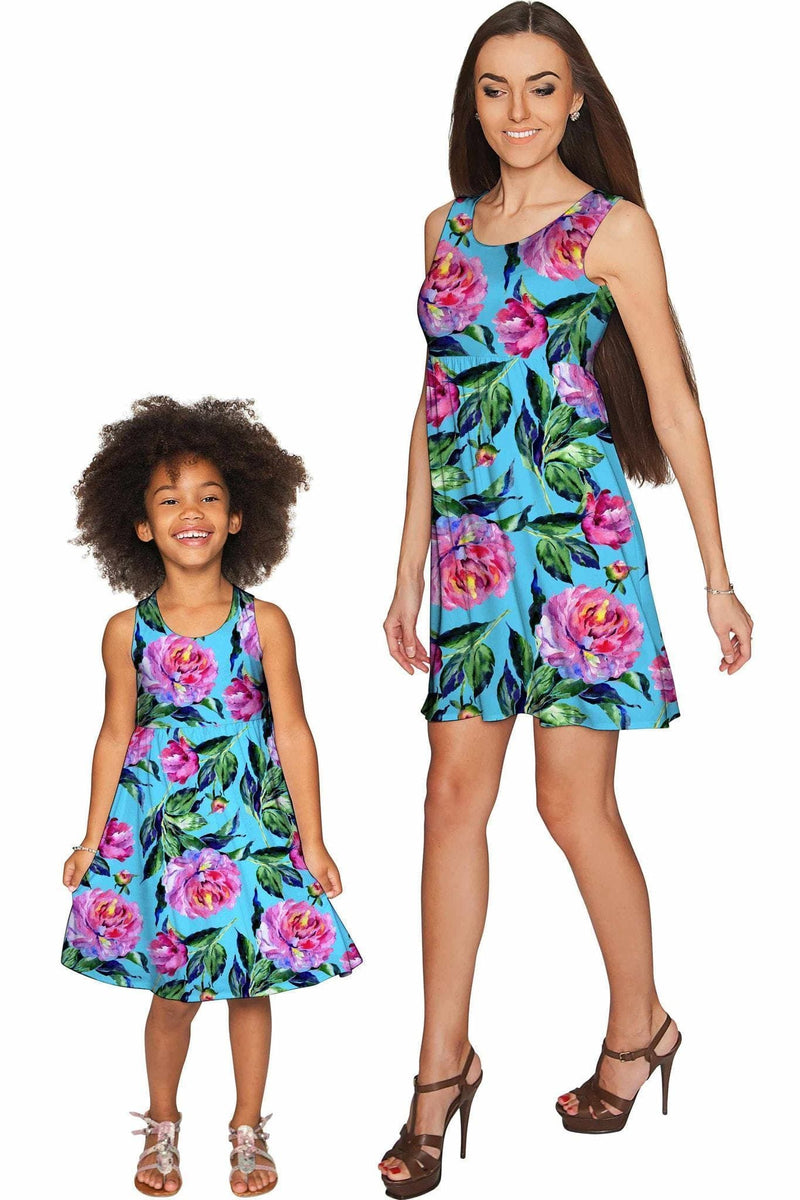 Peony Splash Peony Splash Sanibel Pink & Blue Floral Print Dress - Girls Sanibel Empire Waist Dress