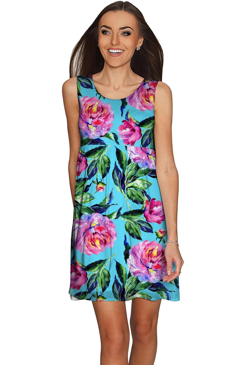 Peony Splash Sanibel Fit and Flare Blue Floral Dress - Women-Peony Splash-XS-Blue/Pink/Green-JadeMoghul Inc.
