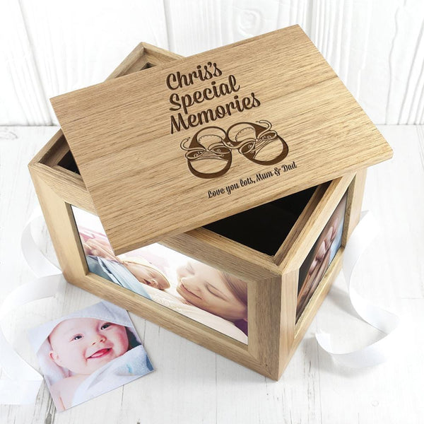 Personalised Baby Gifts - Baby Shoes Midi Oak Photo Cube Keepsake Box