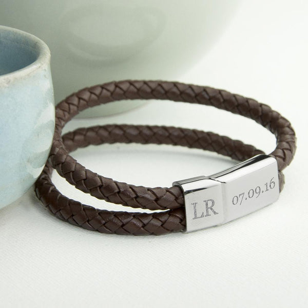 Personalized Gifts For Him Dual Leather Woven Bracelet In Umber