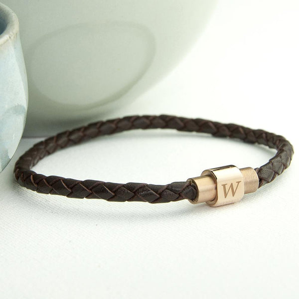 Personalized Gifts For Him Woven Leather Bracelet With Gold Clasp