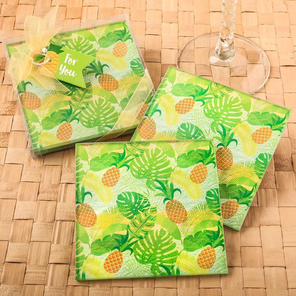 Personalized Coasters Set of 2 tropical pineapple themed glass coasters Fashioncraft