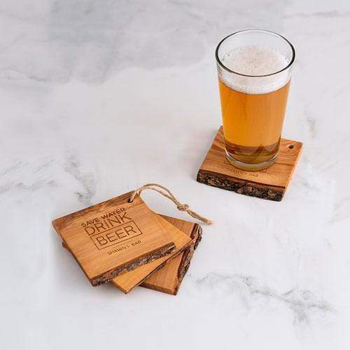 Personalized Gifts By Type Save Water Drink Beer Rustic Olive Wood Coasters (Pack of 4) JM Weddings