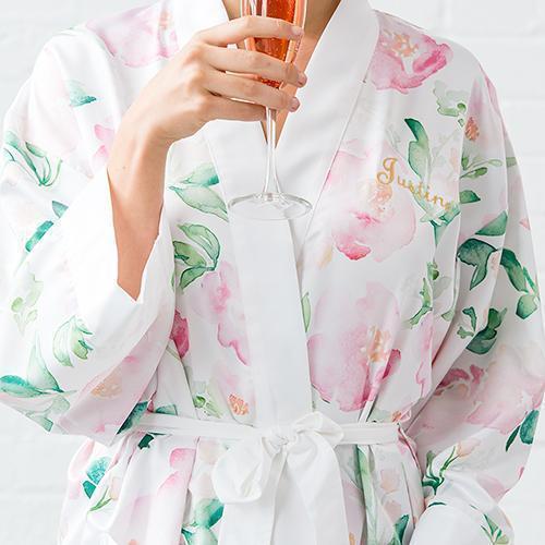 Personalized Gifts for Women Pink Watercolor Floral Silky Kimono Robe on White 3XL - 4XL (Pack of 1) Weddingstar