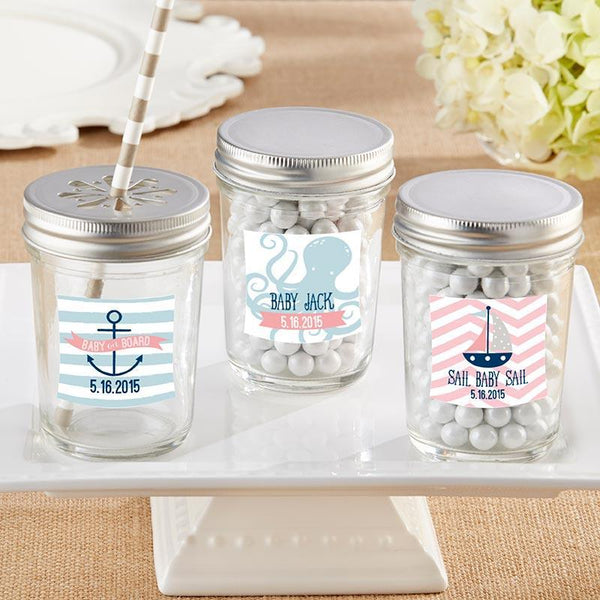 Personalized Glass Mason Jar - Kate's Nautical Baby Shower Collection (2 Sets of 12)-Bridal Shower Decorations-JadeMoghul Inc.