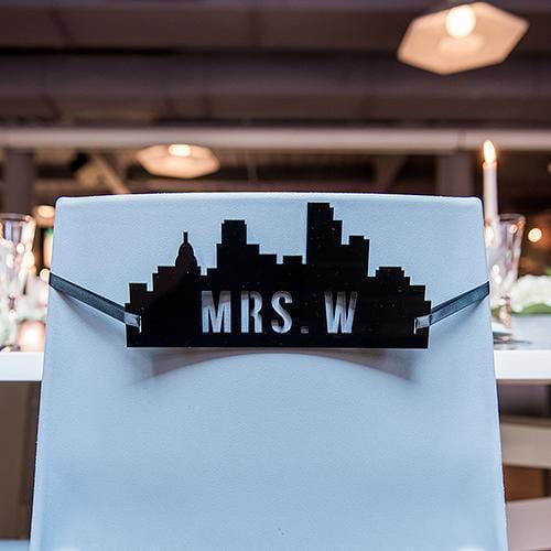 Personalized Industrial Cityscape Silhouette Black Acrylic Wedding Chair Signs (Pack of 2)-Wedding Signs-JadeMoghul Inc.