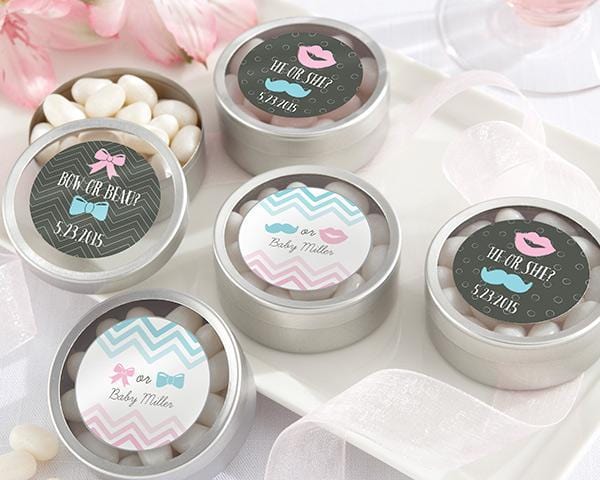 Personalized Silver Round Candy Tin - "Gender Reveal" Bow or Beau Ombre (2 Sets of 12)-Wedding Ceremony Accessories-JadeMoghul Inc.