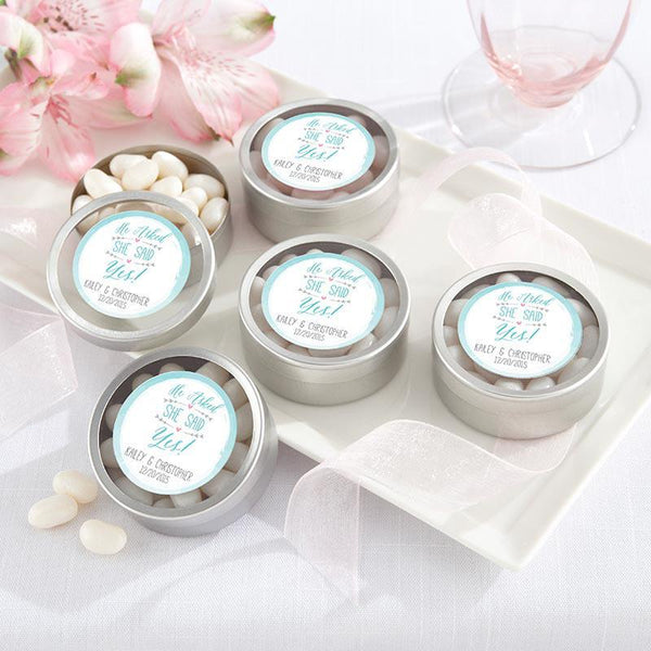 Personalized Silver Round Candy Tin - He Asked, She Said Yes (2 Sets of 12)-Wedding Ceremony Accessories-JadeMoghul Inc.