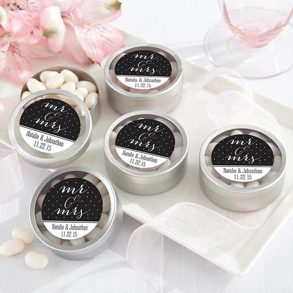 Personalized Silver Round Candy Tin - Mr. & Mrs. (2 Sets of 12)-Wedding Ceremony Accessories-JadeMoghul Inc.
