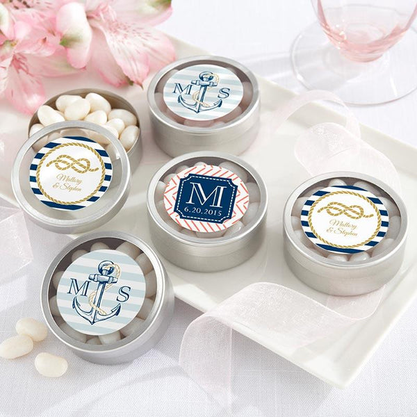 Personalized Silver Round Candy Tin - Nautical Wedding Collection (2 Sets of 12)-Wedding Ceremony Accessories-JadeMoghul Inc.