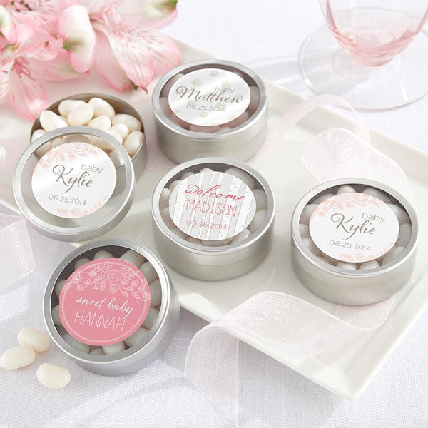 Personalized Silver Round Candy Tin - Rustic Baby Collection (2 Sets of 12)-Wedding Ceremony Accessories-JadeMoghul Inc.