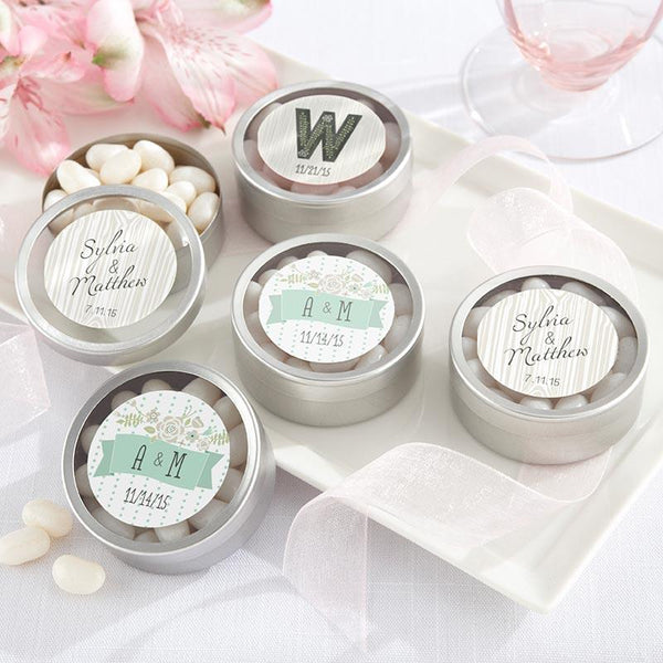 Personalized Silver Round Candy Tin - Rustic Wedding Collection (2 Sets of 12)-Wedding Ceremony Accessories-JadeMoghul Inc.