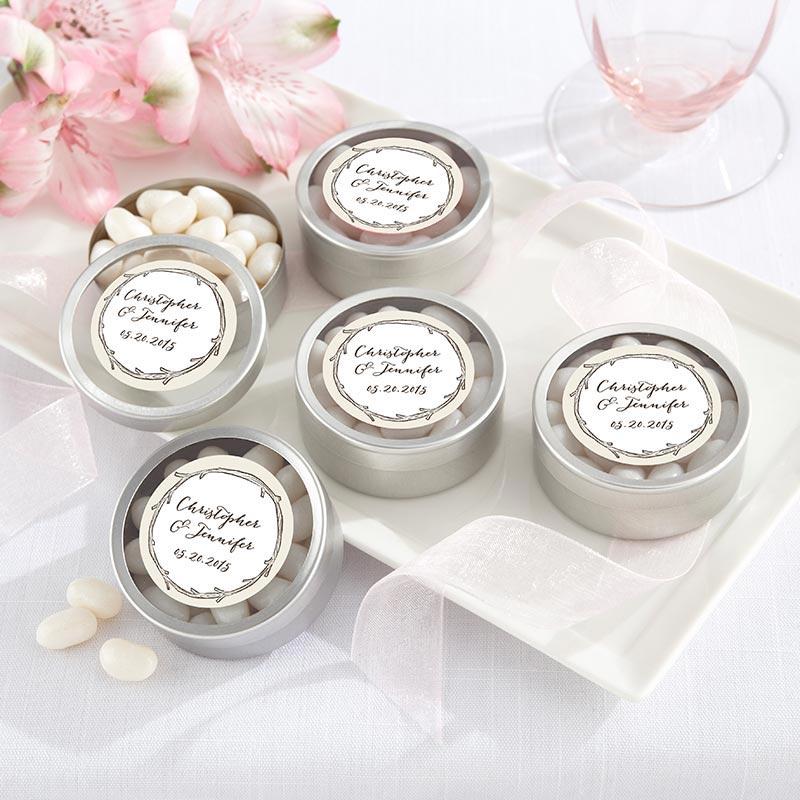 Personalized Silver Round Candy Tin - The Hunt Is Over (2 Sets of 12)-Wedding Ceremony Accessories-JadeMoghul Inc.