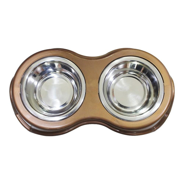 Pet Bowls and Feeding Plastic Framed Double Diner Pet Bowl in Stainless Steel, Large, Gold and Silver Benzara