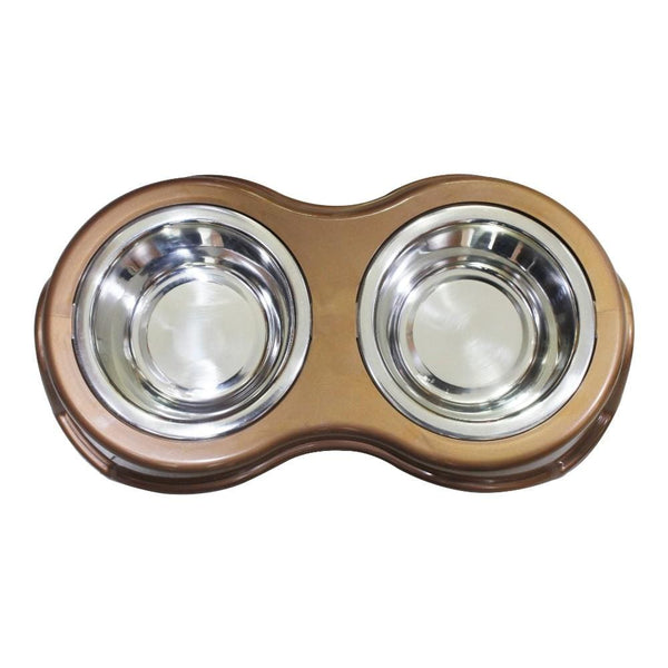 Pet Bowls and Feeding Plastic Framed Double Diner Pet Bowl in Stainless Steel, Small, Gold and Silver Benzara