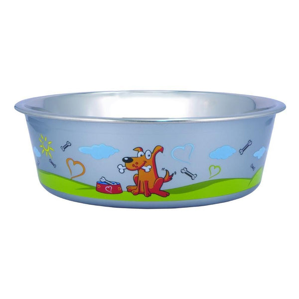 Pet Bowls and Feeding Sneaky Dog Pattern Stainless Steel Pet Bowl with Rubber Base, Multicolor Benzara