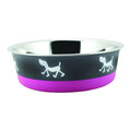 Pet Bowls and Feeding Stainless Steel Pet Bowl with Anti Skid Rubber Base and Dog Design, Gray and Pink Benzara