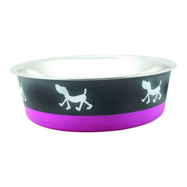 Pet Bowls and Feeding Stainless Steel Pet Bowl with Anti Skid Rubber Base and Dog Design, Large, Gray and Pink Benzara
