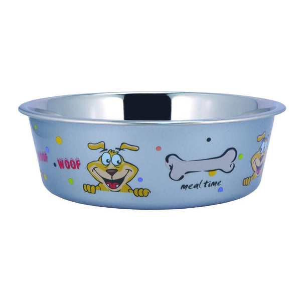 Pet Bowls and Feeding Stainless Steel Pet Bowl with Sneaky Dog Design and Rubber Base, Multicolor Benzara