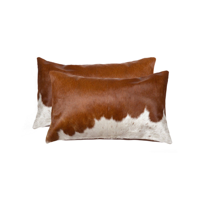 White Pillow - 12" x 20" x 5" Brown And White, Cowhide - Pillow 2-Pack