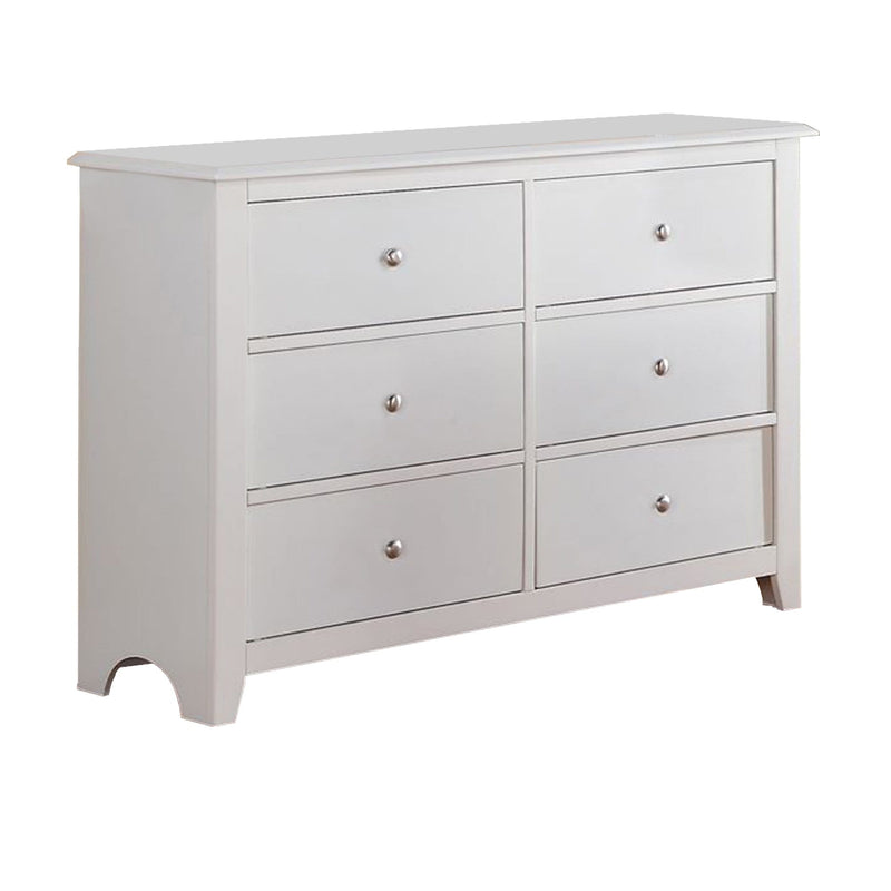 Pine Wood 6 Drawer Dresser With Silver Knobs, White-Dressers-White-Pine Wood Particle Board MDF Birch Veneer-JadeMoghul Inc.