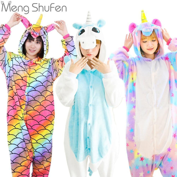 Pink Unicorn Pajamas Sets Flannel Animal Pajamas Winter Nightie Stitch unicornio Sleepwear for Women Men Adults-Rose Red Unicorn-L-JadeMoghul Inc.