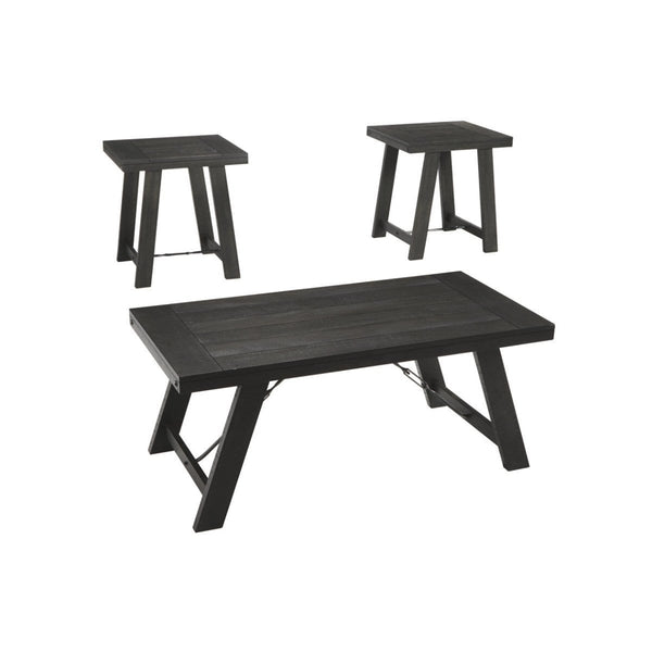 Plank Style Acacia Wood Table Set with Canted Legs, Set of Three, Black-Accent Tables-Black-Wood-JadeMoghul Inc.