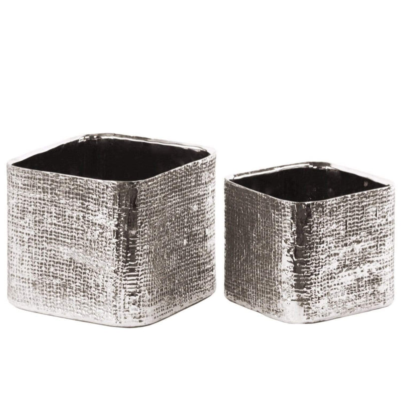 Planters Square Planter with Engraved Crises Cross Design Set of 2- Silver- Benzara Benzara