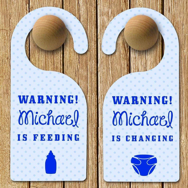 Plastic Gifts & Accessories Personalised Baby Gifts - Baby Warning Door Hanger in Blue Treat Gifts