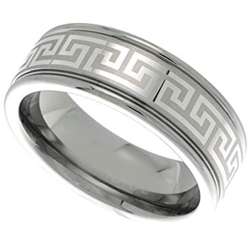 Platinum Band Rings Platinum White Tungsten Carbide Double Grooves Greek Key Pattern Ring