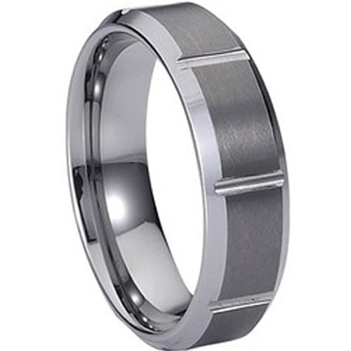 Platinum Band Rings White Tungsten Carbide Matt Shiny Horizontal Grooves Ring