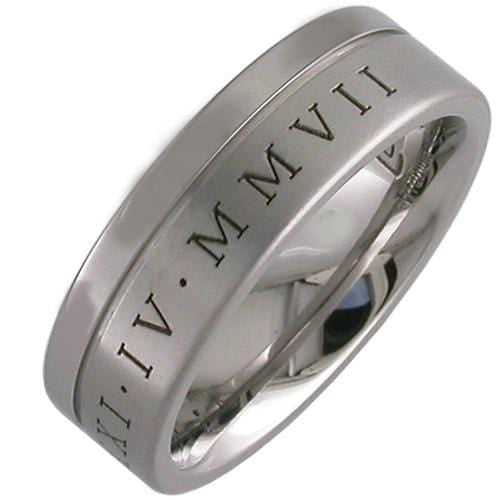 Platinum Wedding Rings White Tungsten Carbide Offset Groove With Custom Roman Numerals