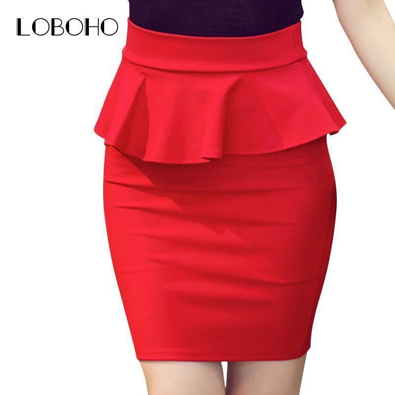 Plus Size Women Pencil Skirts Ruffles 2017 Autumn Fashion Korean Casual Ladies Bodycon Skirts Elegant Open Slit Skirts Red Black AExp