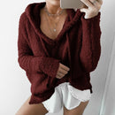 Plush Hooded drawstring Sweater-Wine Red-S-JadeMoghul Inc.