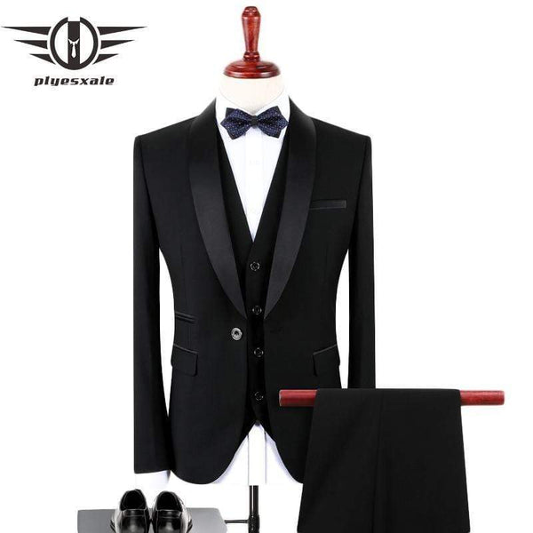 Plyesxale Black Suit Men 2018 Slim Fit Groom Wedding Suits For Men Stylish Brand Shawl Collar Formal Business Dress Suits Q128 AExp