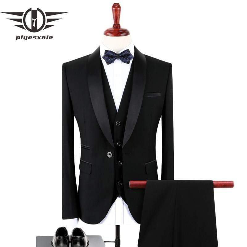 Plyesxale Black Suit Men 2018 Slim Fit Groom Wedding Suits For Men Stylish Brand Shawl Collar Formal Business Dress Suits Q128 AExp