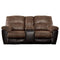 Polyester and Faux Leather Upholstered Metal Reclining Loveseat with Console , Brown