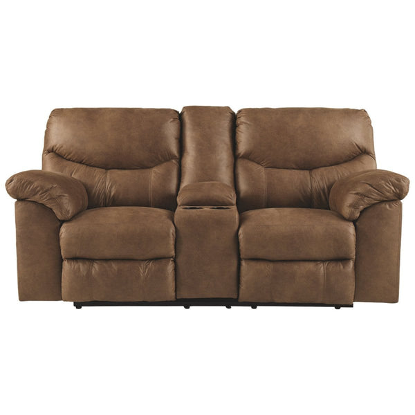 Polyester Upholstered Metal Double Reclining Loveseat with Console and Cup Holders, Brown